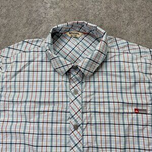 Simms Shirt Men M Blue Plaid Performance Fishing Nylon Short Sleeve Stretch Brrr